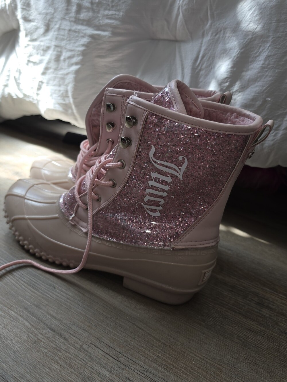 Juicy Couture Pink Glitter Lace-Up Womens Boots